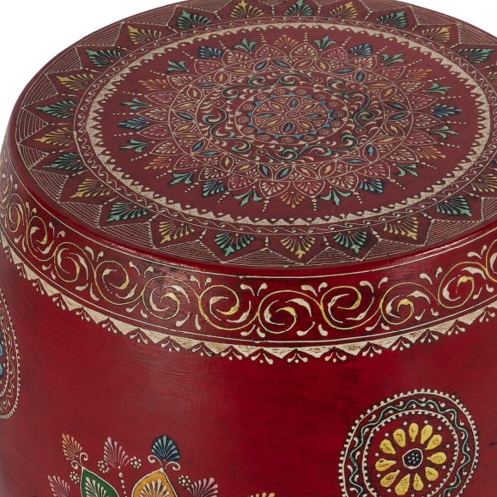 18" Red Iron Hand Painted Floral Round Drum End Table