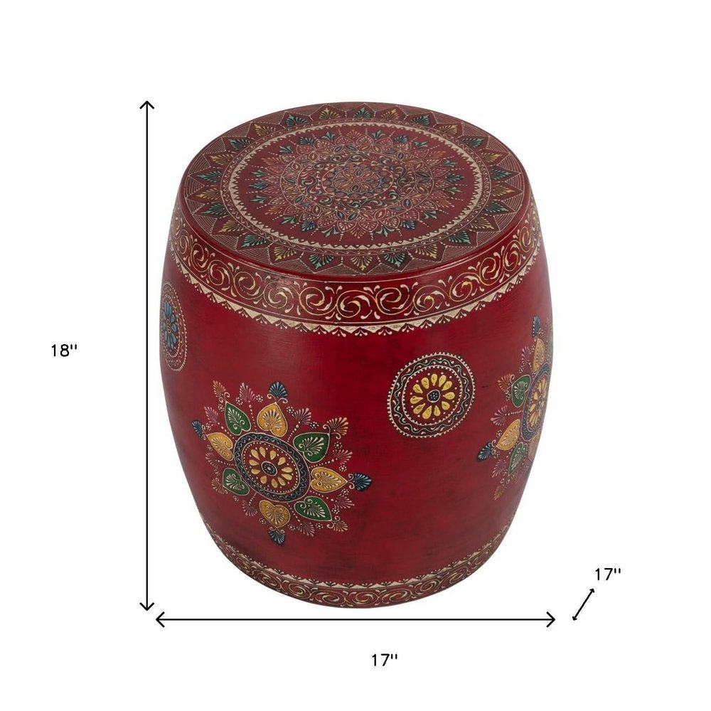 18" Red Iron Hand Painted Floral Round Drum End Table