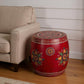 18" Red Iron Hand Painted Floral Round Drum End Table