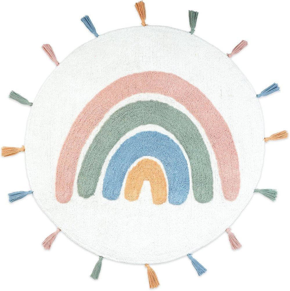 32" White Blue And Pink Cotton Rainbows Round Youthful Bath Rug