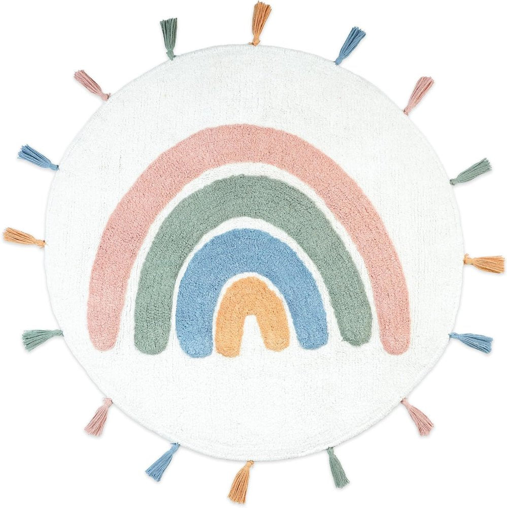 32" White Blue And Pink Cotton Rainbows Round Youthful Bath Rug