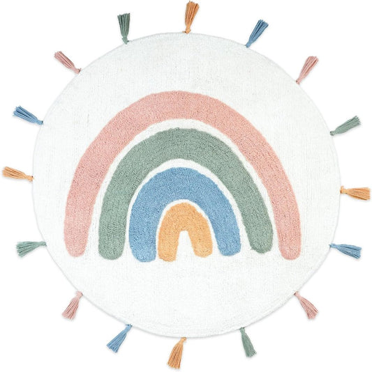 32" White Blue And Pink Cotton Rainbows Round Youthful Bath Rug