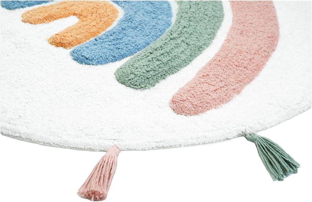 32" White Blue And Pink Cotton Rainbows Round Youthful Bath Rug