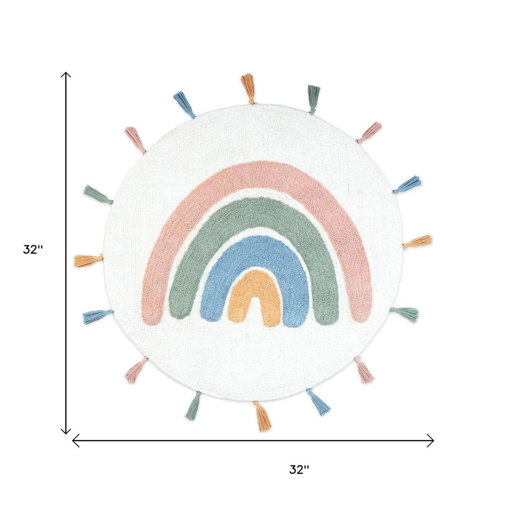 32" White Blue And Pink Cotton Rainbows Round Youthful Bath Rug
