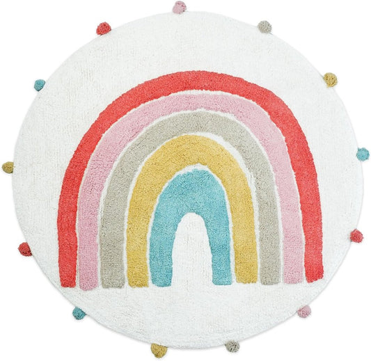 32" White Pink And Yellow Cotton Rainbows Round Youthful Bath Rug