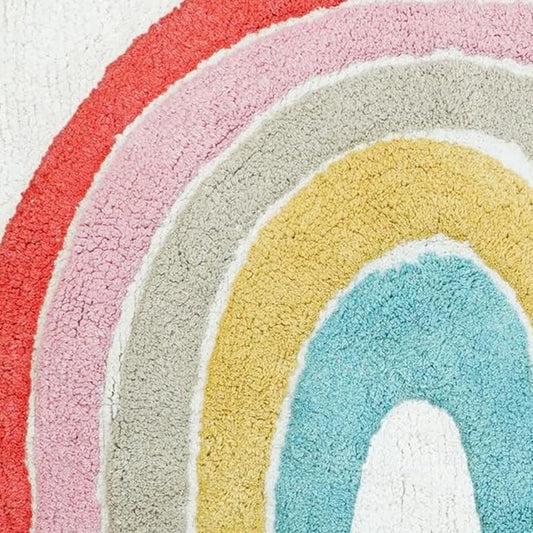32" White Pink And Yellow Cotton Rainbows Round Youthful Bath Rug