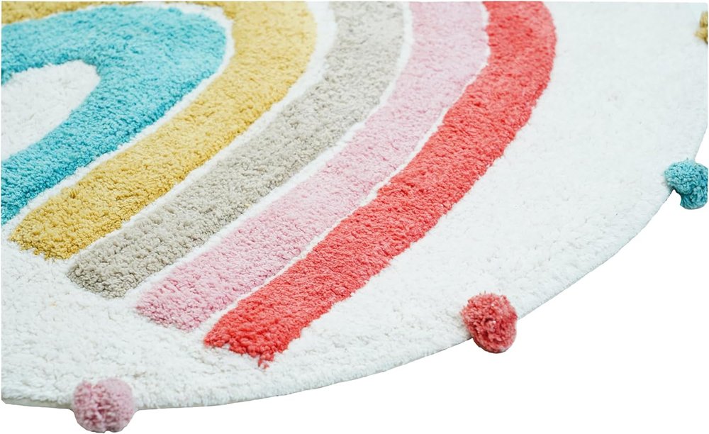 32" White Pink And Yellow Cotton Rainbows Round Youthful Bath Rug