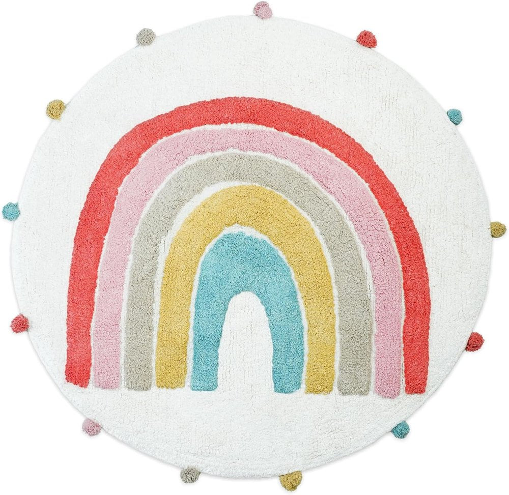 32" White Pink And Yellow Cotton Rainbows Round Youthful Bath Rug