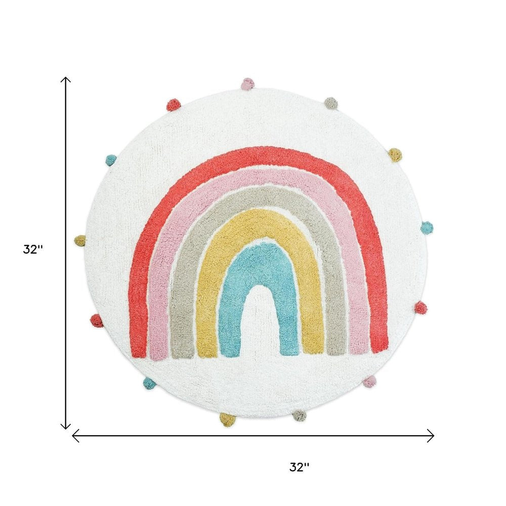 32" White Pink And Yellow Cotton Rainbows Round Youthful Bath Rug