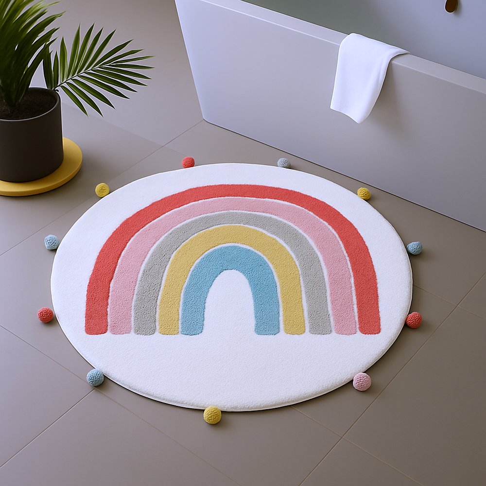 32" White Pink And Yellow Cotton Rainbows Round Youthful Bath Rug