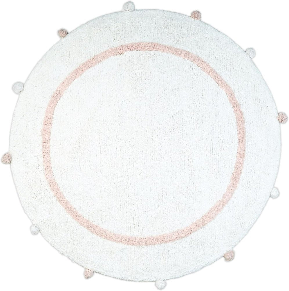 32" Light Pink And White Cotton Round Geometric Bath Rug