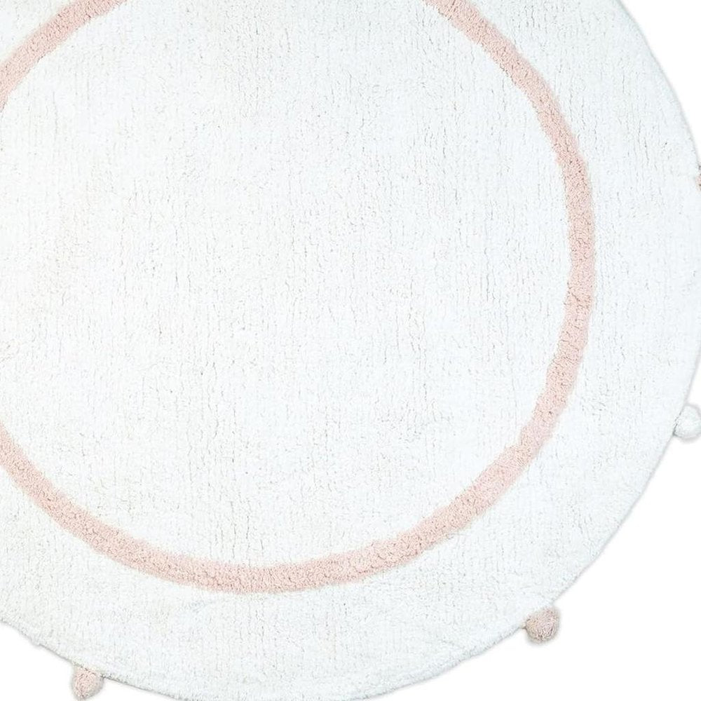 32" Light Pink And White Cotton Round Geometric Bath Rug
