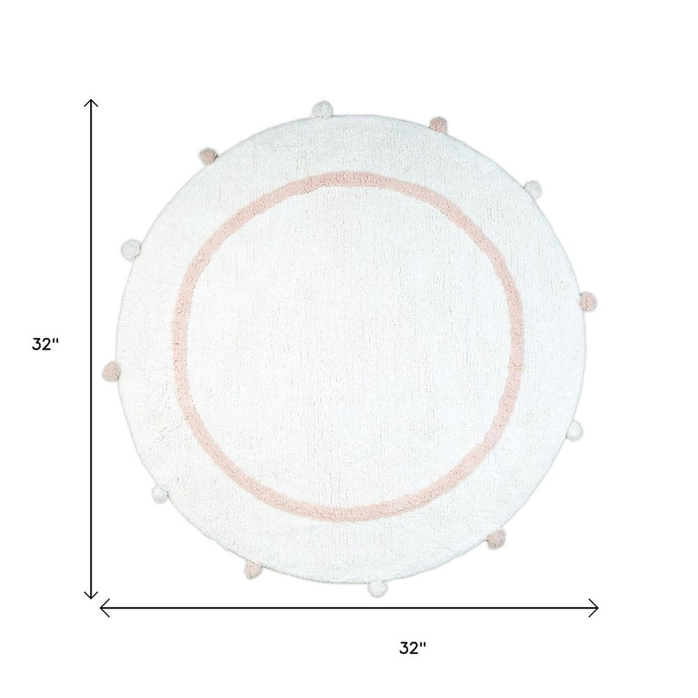 32" Light Pink And White Cotton Round Geometric Bath Rug