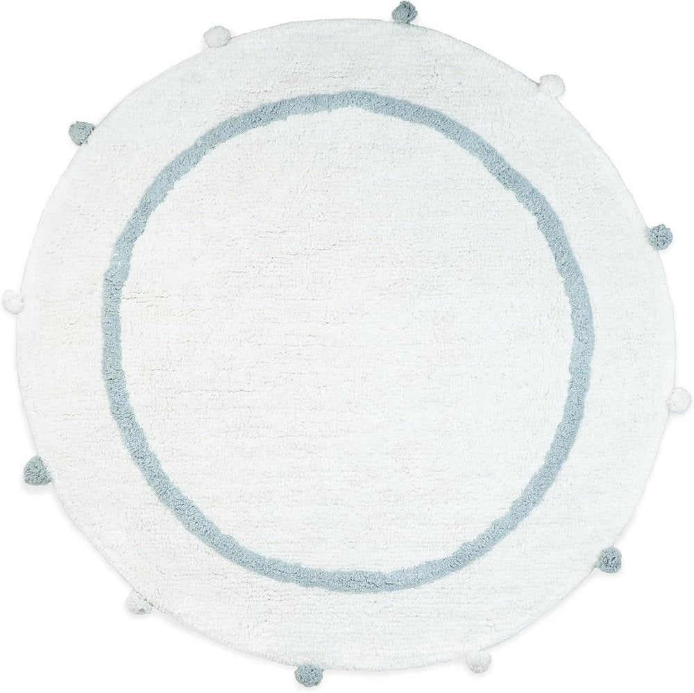 32" Baby Blue And White Cotton Round Geometric Bath Rug