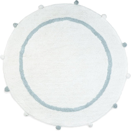 32" Baby Blue And White Cotton Round Geometric Bath Rug