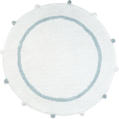 32" Baby Blue And White Cotton Round Geometric Bath Rug