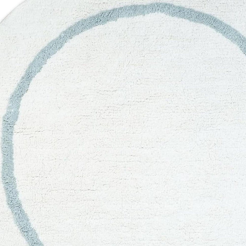 32" Baby Blue And White Cotton Round Geometric Bath Rug
