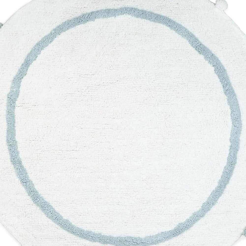 32" Baby Blue And White Cotton Round Geometric Bath Rug