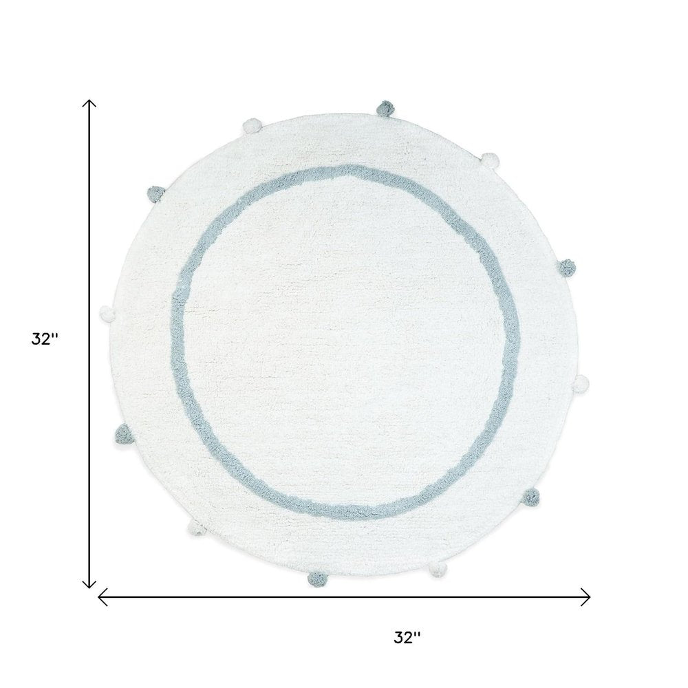 32" Baby Blue And White Cotton Round Geometric Bath Rug