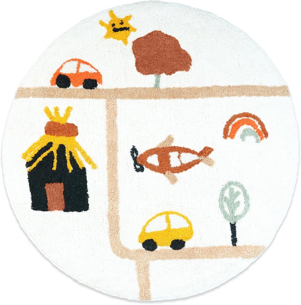 32" White Yellow And Red Cotton Cars Round Youthful Bath Rug
