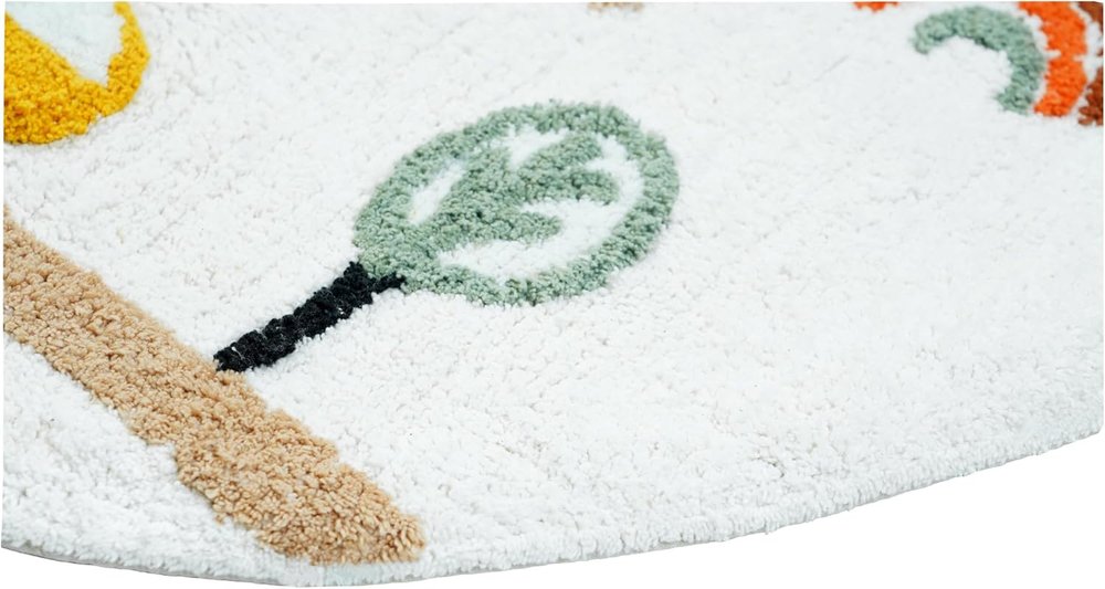 32" White Yellow And Red Cotton Cars Round Youthful Bath Rug