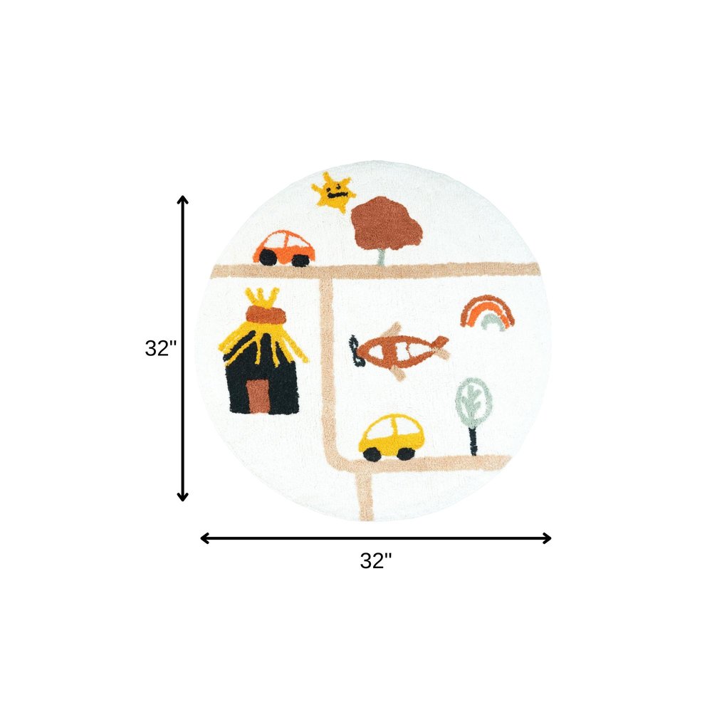 32" White Yellow And Red Cotton Cars Round Youthful Bath Rug