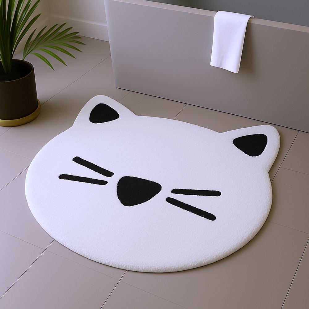 32" Black And White Cotton Cat Shaped Youthful Bath Rug
