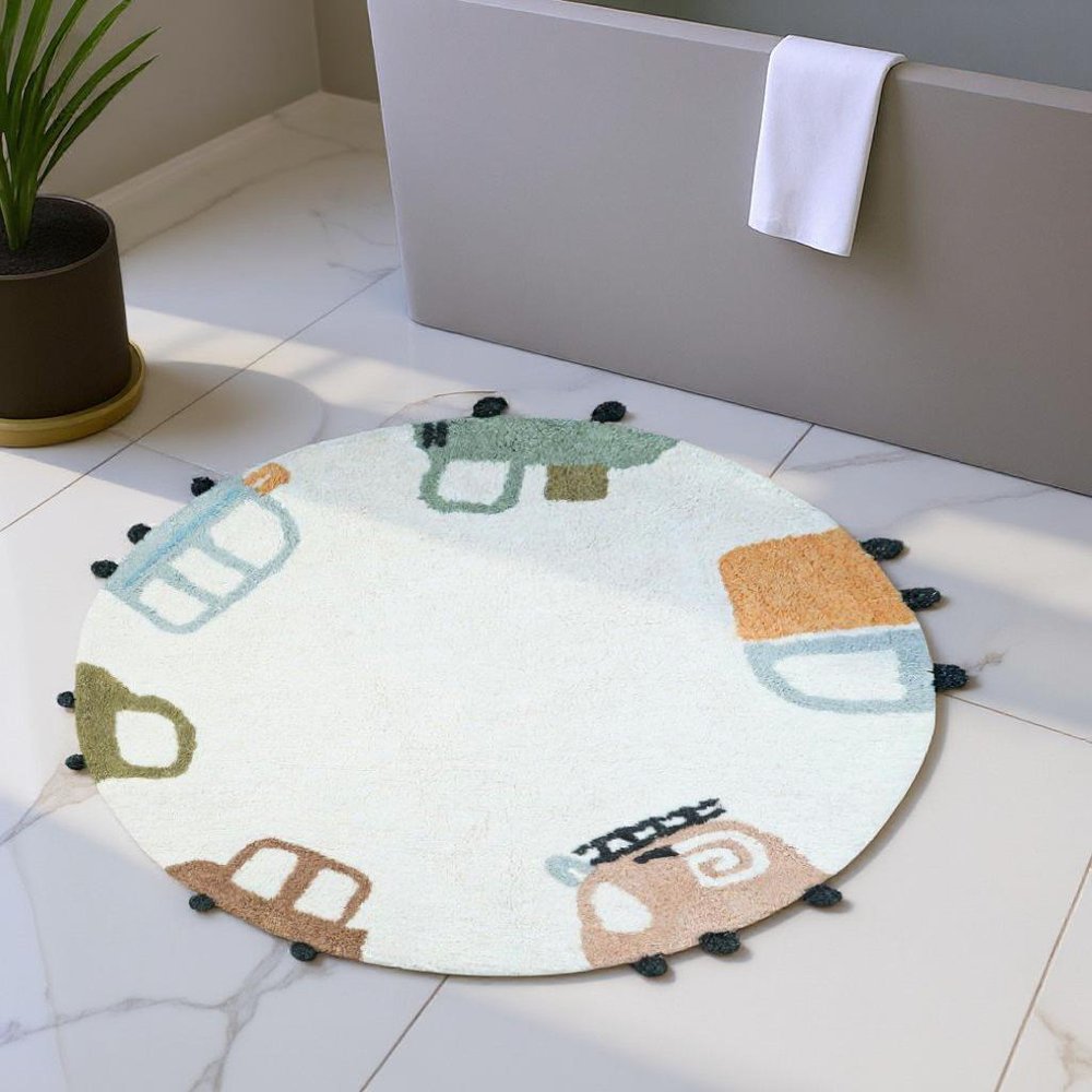 32" Blue Green And White Cotton Cars Round Youthful Bath Rug