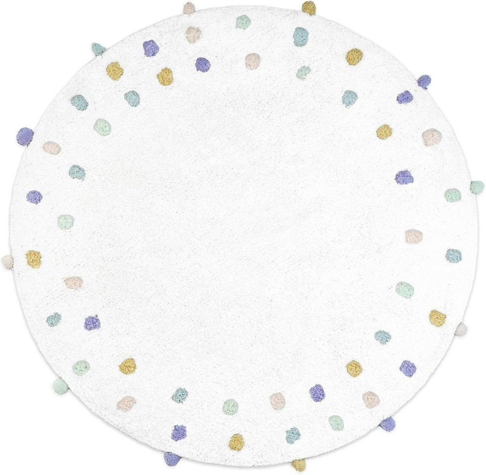 32" Green Purple And White Cotton Round Polka Dots Bath Rug