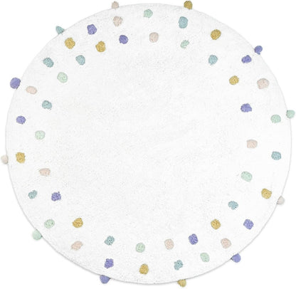 32" Green Purple And White Cotton Round Polka Dots Bath Rug