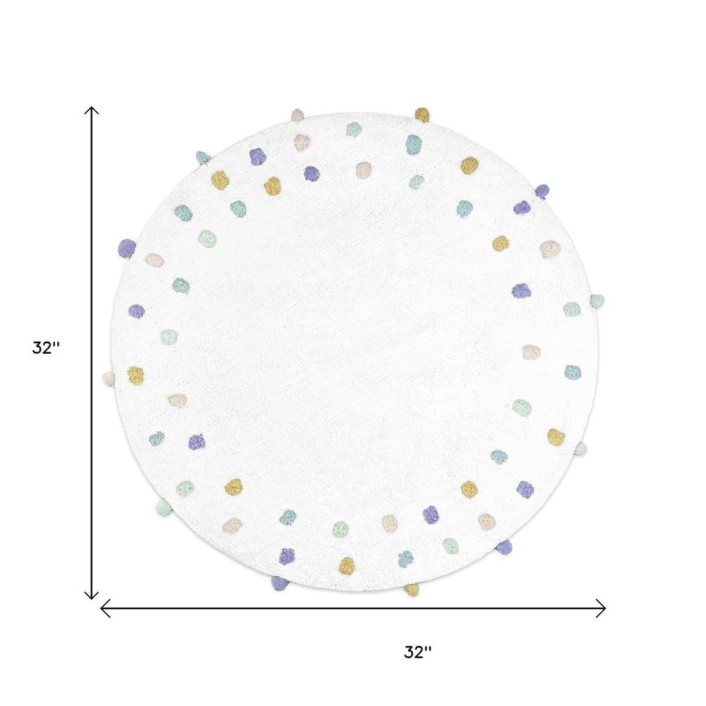 32" Green Purple And White Cotton Round Polka Dots Bath Rug