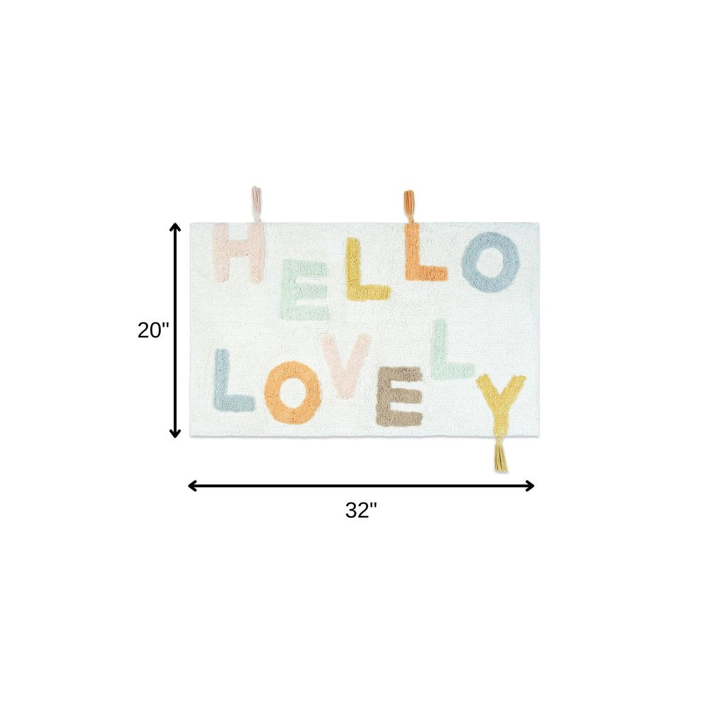 32" Blue White And Yellow Cotton Hello Lovely Youthful Bath Rug