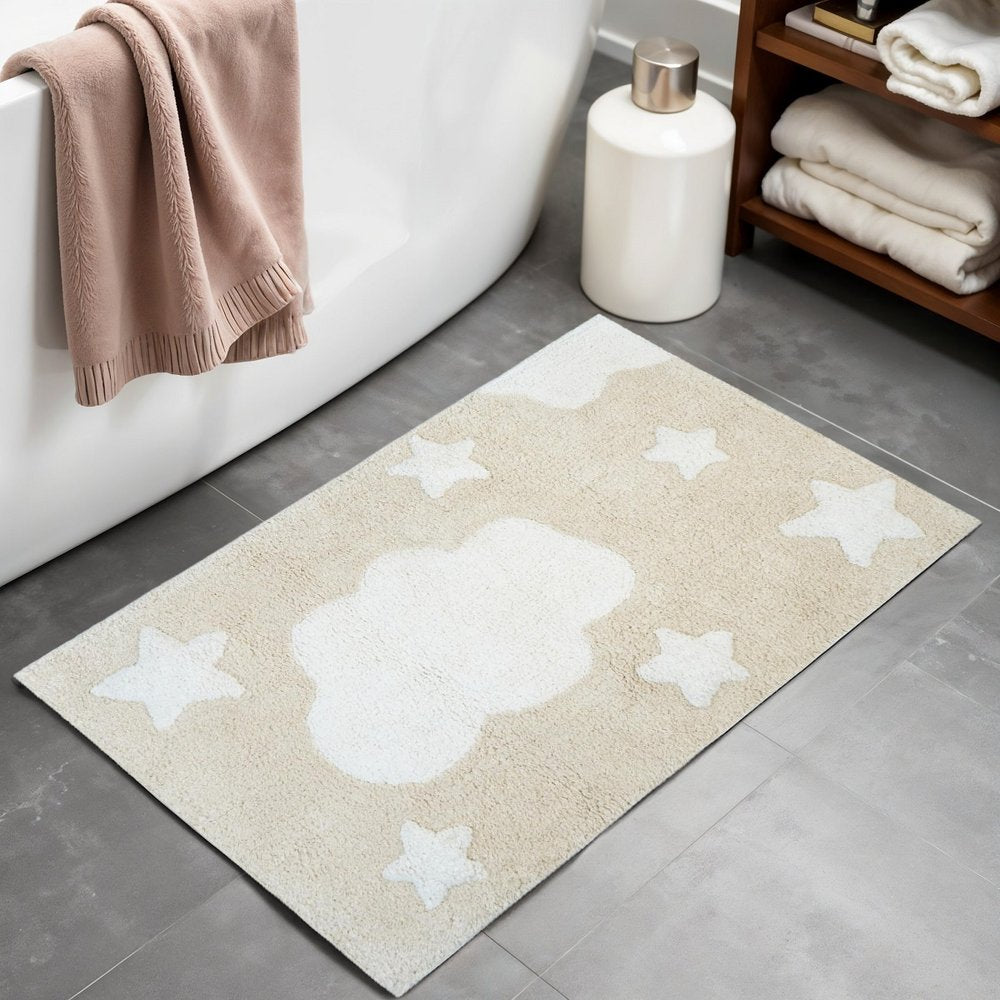 32" White And Beige Cotton Clouds and Stars Youthful Bath Rug