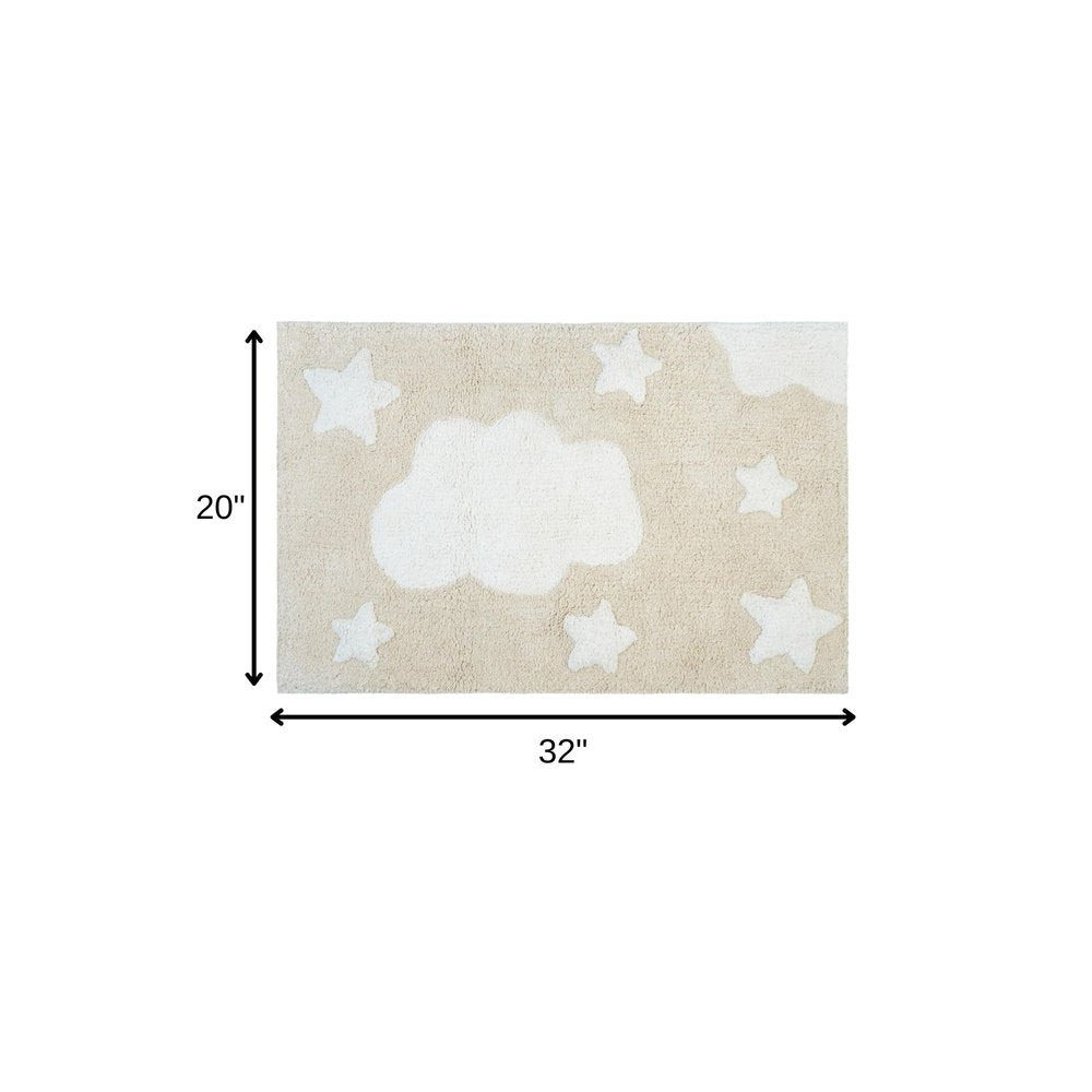 32" White And Beige Cotton Clouds and Stars Youthful Bath Rug