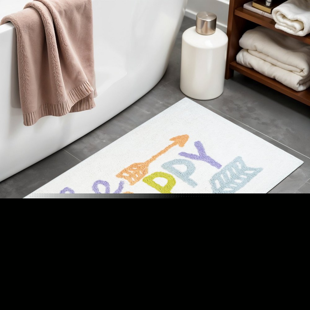 32" White Purple And Green Cotton Be Happy Youthful Bath Rug