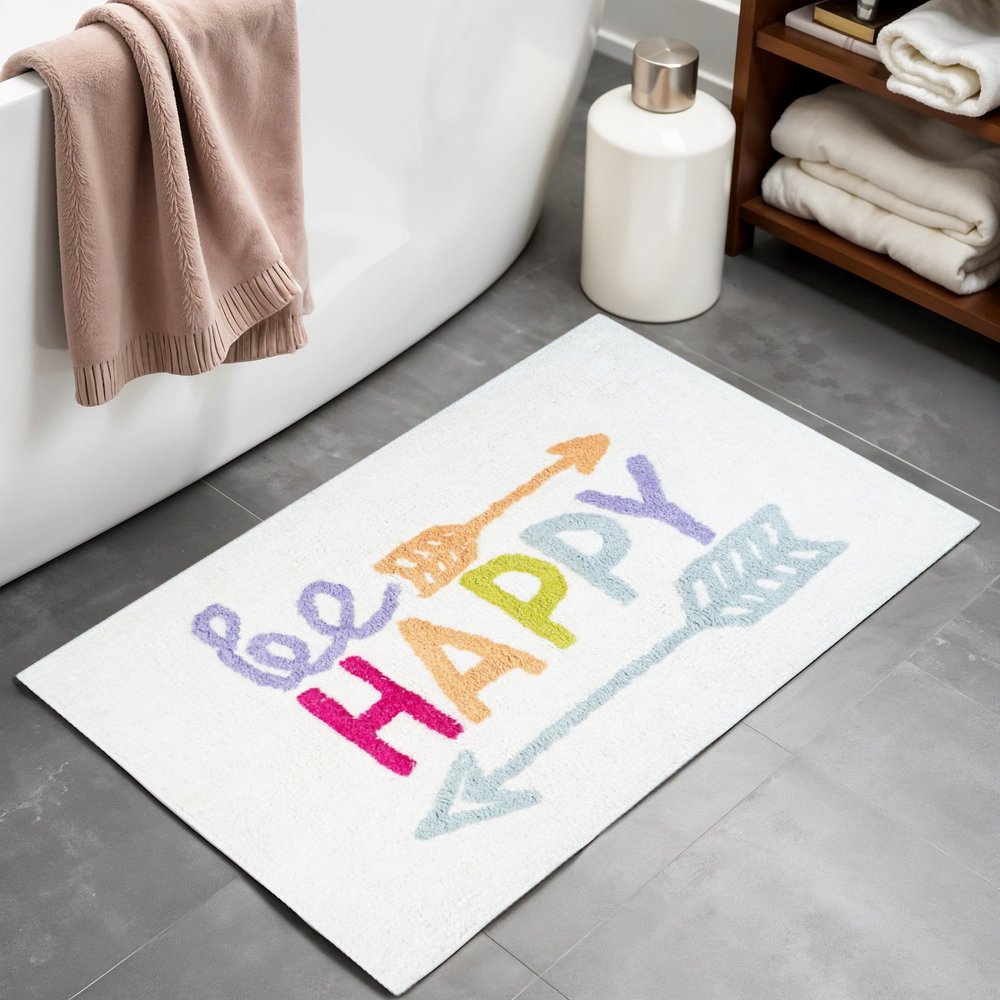 32" White Purple And Green Cotton Be Happy Youthful Bath Rug