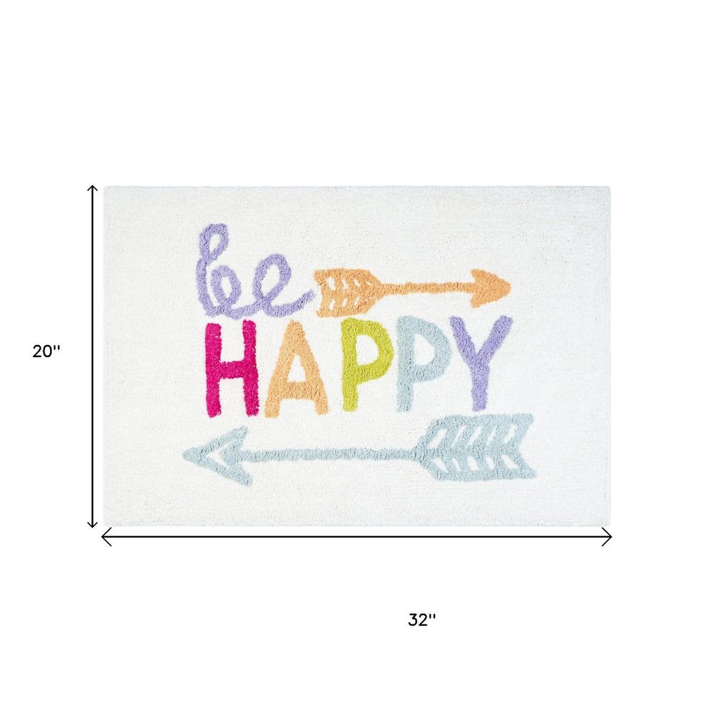 32" White Purple And Green Cotton Be Happy Youthful Bath Rug