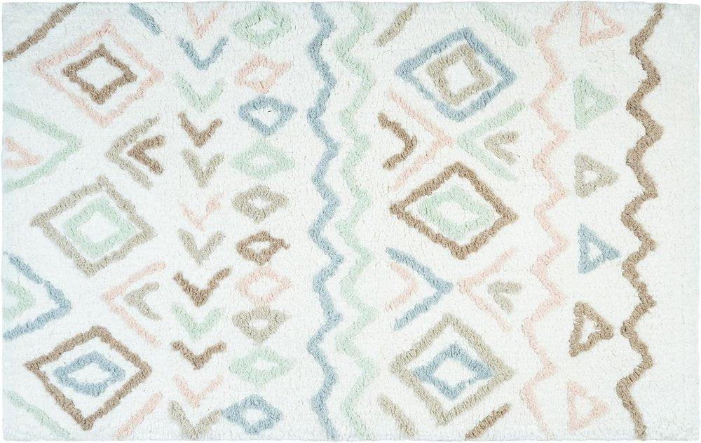 32" Blue Brown And White Cotton Geometric Bath Rug