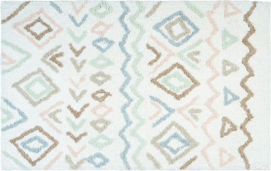 32" Blue Brown And White Cotton Geometric Bath Rug