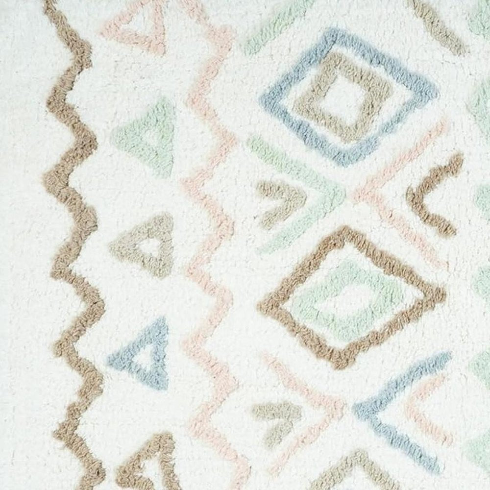 32" Blue Brown And White Cotton Geometric Bath Rug