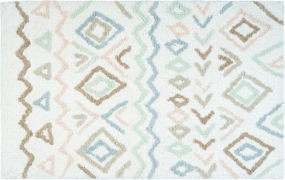 32" Blue Brown And White Cotton Geometric Bath Rug