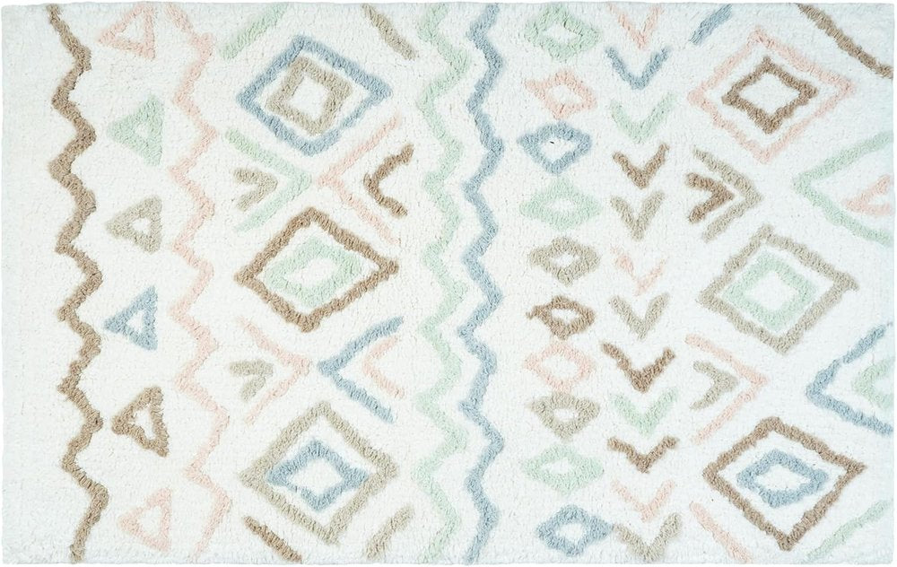 32" Blue Brown And White Cotton Geometric Bath Rug