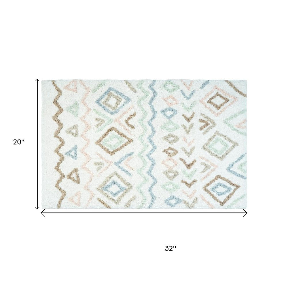 32" Blue Brown And White Cotton Geometric Bath Rug