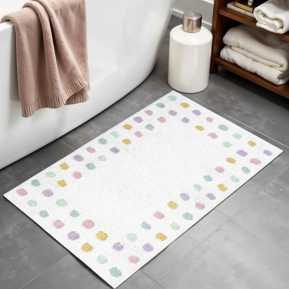 32" White Purple And Pink Cotton Polka Dots Bath Rug