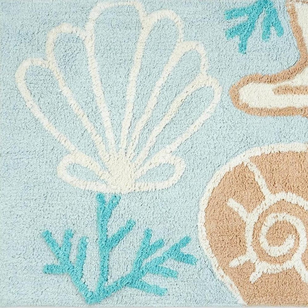 32" Blue Tan And White Cotton Seashells And Coral Bath Rug
