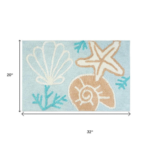 32" Blue Tan And White Cotton Seashells And Coral Bath Rug