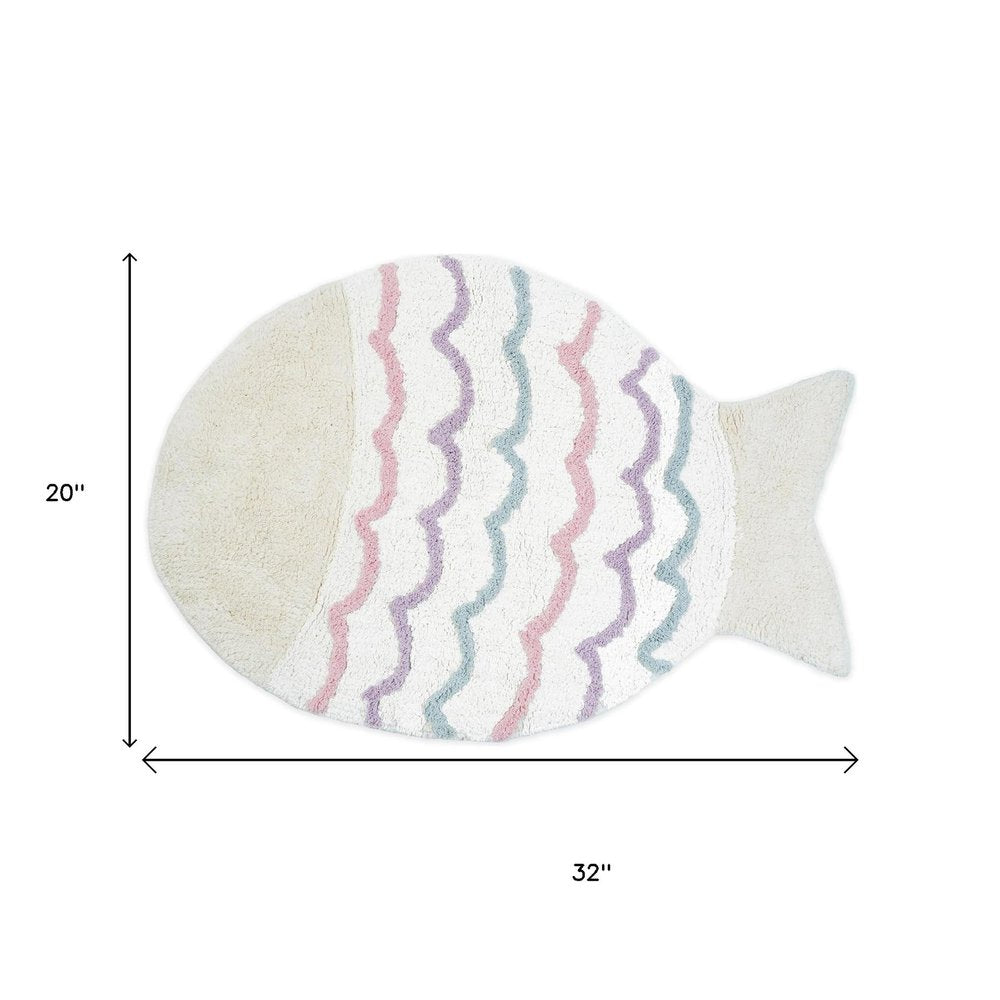 32" White Pink And Purple Cotton Fish Shaped Youthful Bath Rug