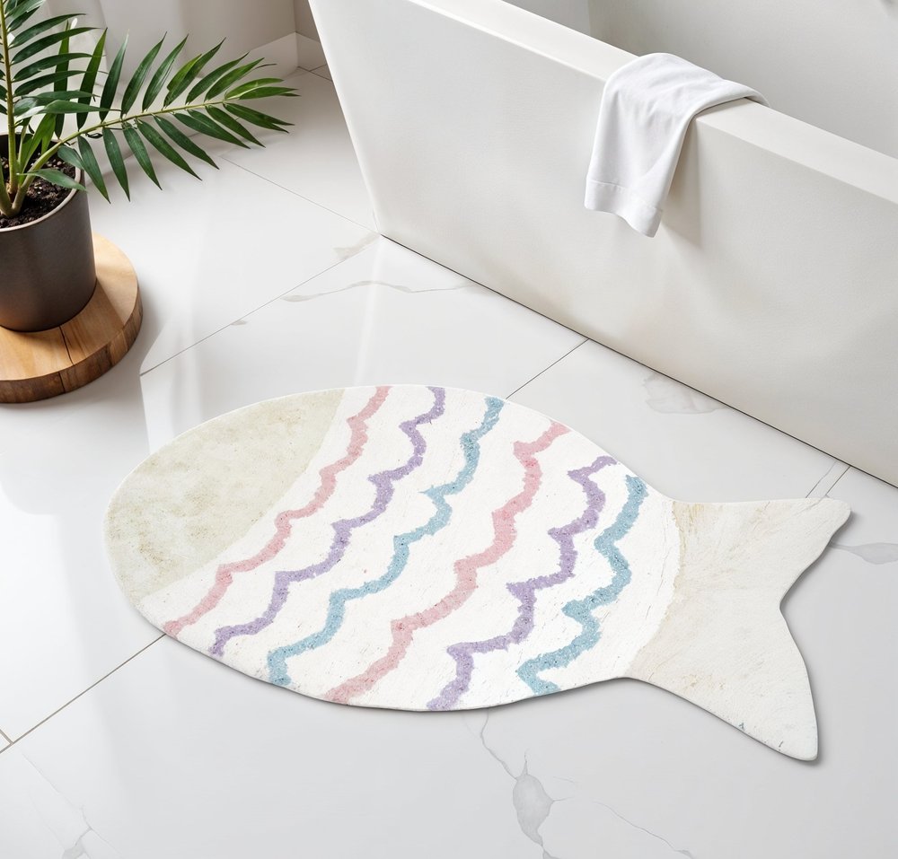 32" White Pink And Purple Cotton Fish Shaped Youthful Bath Rug