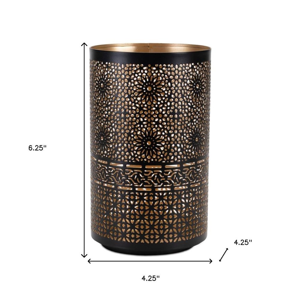 Set of Two Black And Gold Distressed Abstract Iron And Metal Tabletop Hurricane Candle Holders