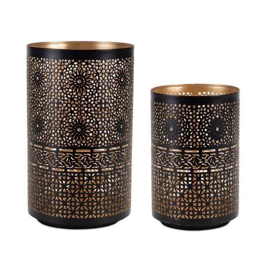 Set of Two Black And Gold Distressed Abstract Iron And Metal Tabletop Hurricane Candle Holders
